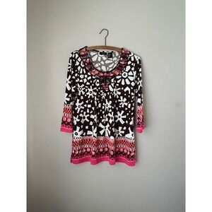 Y2k 2000s Brown White Pink Beaded Tunic Top Geometric Women's‎ M Indie Boho